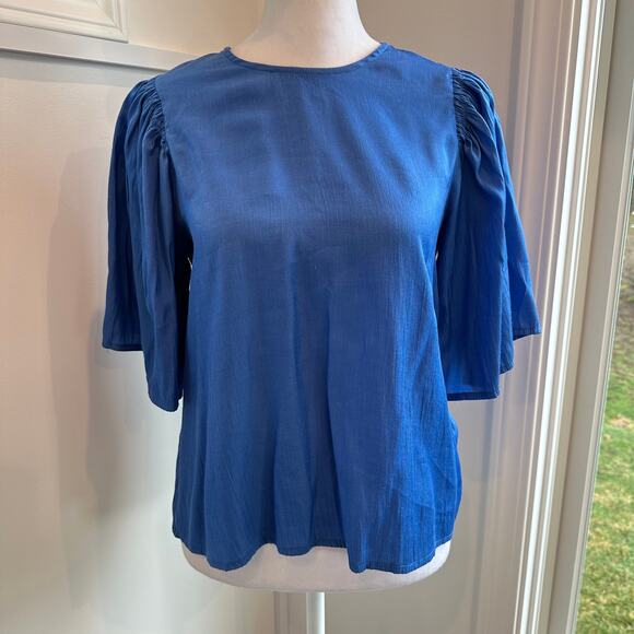 FRNCH Blue XS Prairie Cottagecore Wide Sleeve Keyhole Silk-Feel Blouse Shirt - Picture 1 of 6
